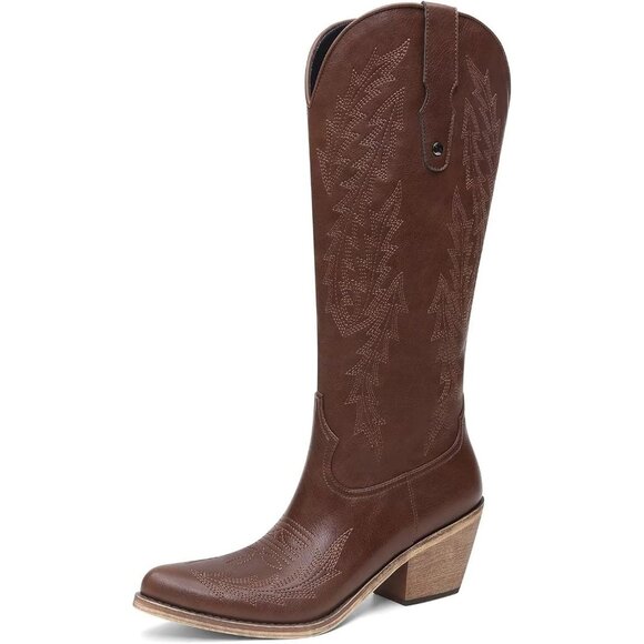⚡Womens Brown Polyurethane Cowboy Side Zipper Knee High  Chunky Heel Boots - Picture 1 of 6